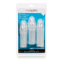 Cal Exotics 3 Piece Extension Kit featuring three ribbed sleeves for added length and enhanced pleasure, packaged neatly for discreet use.
