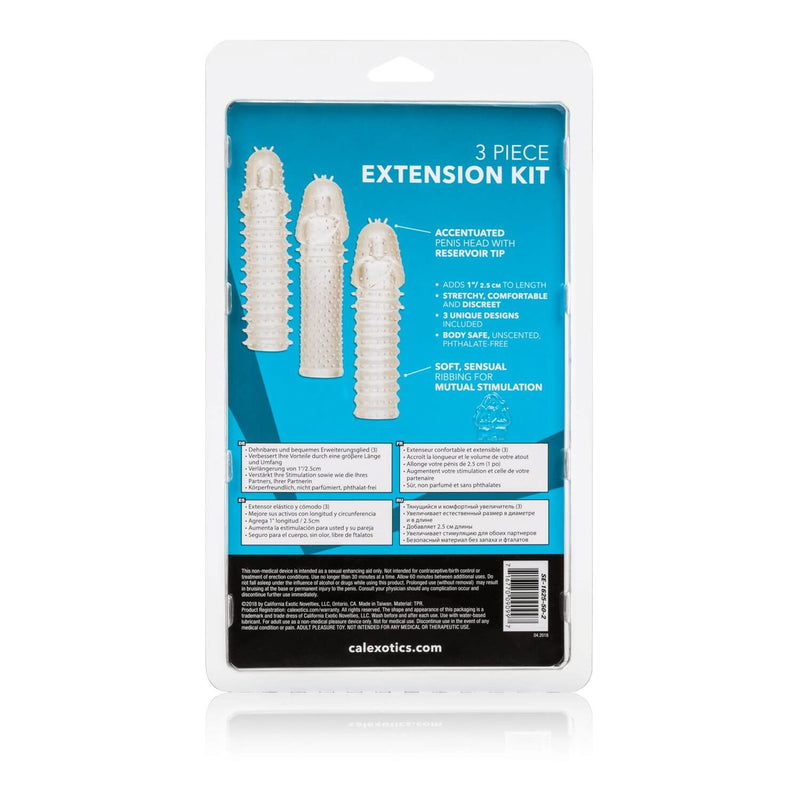 Cal Exotics 3 Piece Extension Kit packaging showcasing three textured sleeves for enhanced pleasure and intimacy.