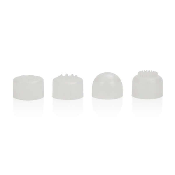 Set of four silicone attachment caps for compact massagers, designed for varied sensations and compatibility.