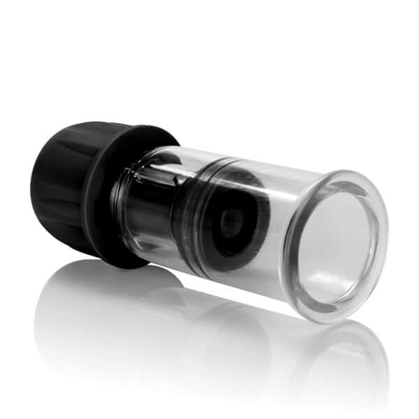 Nipple Play Vacuum Twist Suckers in sleek black, showcasing a clear adjustable suction device for enhanced nipple sensitivity.
