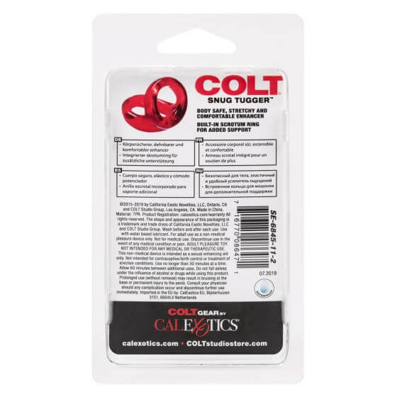 Colt XL Snug Tugger Dual Support Ring packaging showing body-safe stretchy design for enhanced comfort and support.