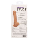 Packaging of Dual Density Silicone Stud Dildo 5 inches with product details and real-feel shaft, realistic flexible design, and suction cup base.
