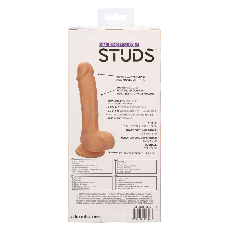 Packaging of Dual Density Silicone Stud Dildo 5 inches with product details and real-feel shaft, realistic flexible design, and suction cup base.