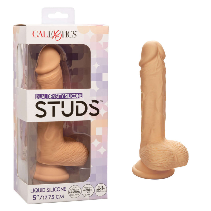 Dual Density Silicone Stud Dildo 5 inches Ivory Light Skin Tone with Suction Cup Base in Package and Out