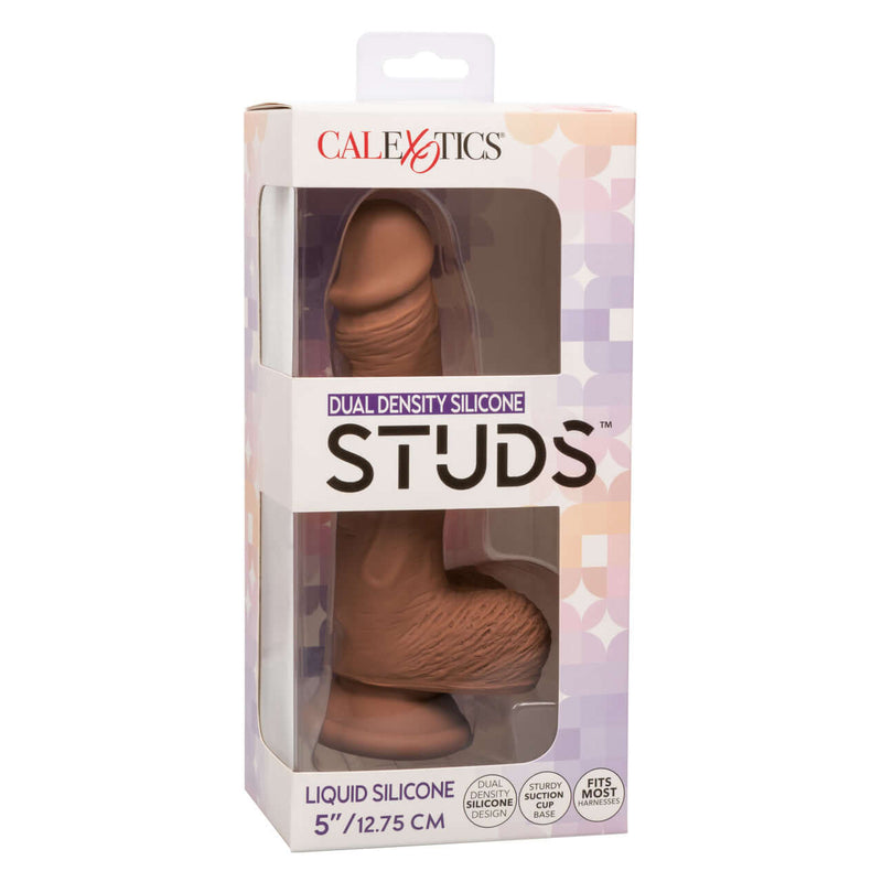 Dual Density Silicone Stud Dildo 5 inches Brown in Packaging