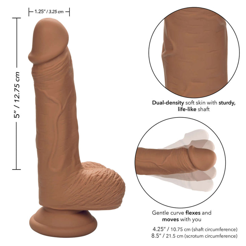 Dual Density Silicone Stud Dildo 5 inches Brown with realistic flexible shaft, textured design, and suction cup base for enhanced pleasure.