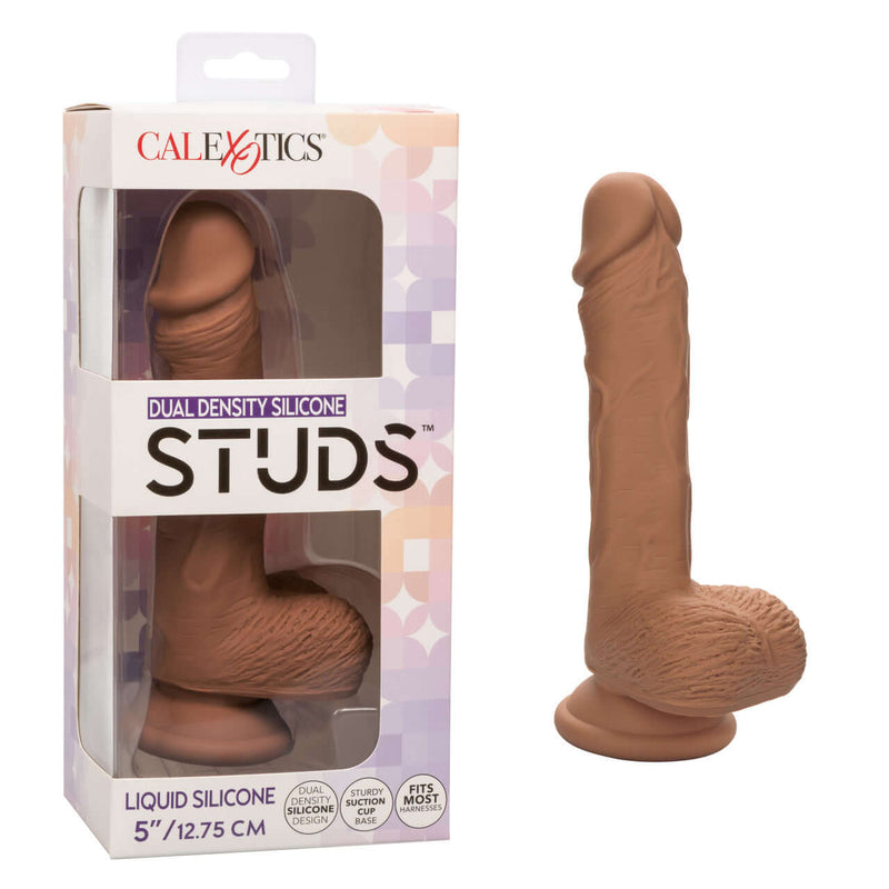 Dual Density Silicone Stud Dildo 5 Inches Brown with Suction Cup Base in Packaging