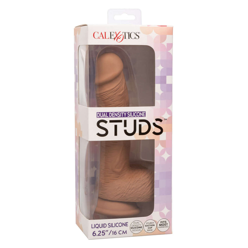Dual Density Silicone Stud 6.25 inch Brown Dildo in Packaging by California Exotic Novelties with Suction Cup Base
