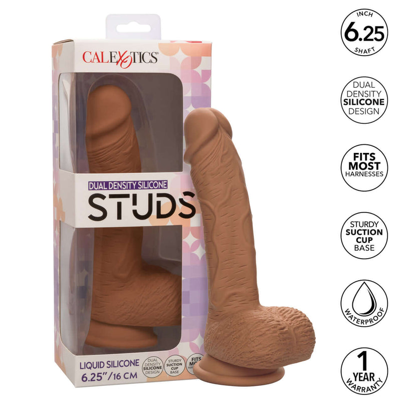 Dual Density Silicone Stud 6.25 Inches Brown Dildo with Real Feel Shaft and Suction Cup Base in Packaging from California Exotic Novelties