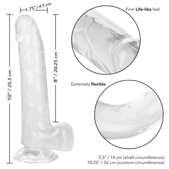 California Exotic Novelties Size Queen 8-Inch Realistic Dildo in clear with lifelike design, firm feel, and flexible, detailed veins.