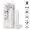 California Exotic Novelties Size Queen 8-Inch Realistic Clear Dildo in packaging with features listed such as lifelike design and sturdy suction cup