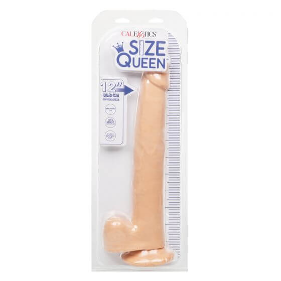 Size Queen 12-Inch Ivory Light Skin Dildo in packaging by California Exotic Novelties.