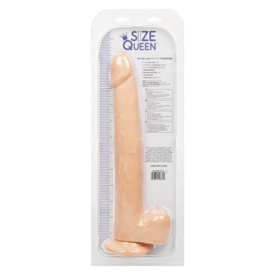 Size Queen 12-Inch Ivory Light Skin Dildo in packaging, lifelike design by California Exotic Novelties for ultimate pleasure.