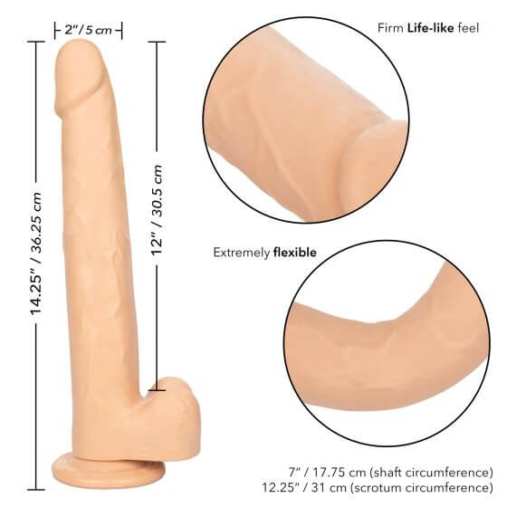 Ivory light skin Size Queen 12-inch dildo with lifelike design, firm yet flexible feel, and detailed measurements including 2-inch diameter and 14.25-inch total length