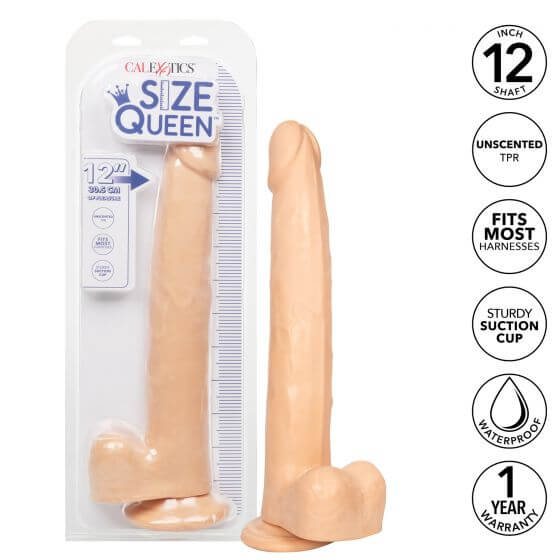 Size Queen 12-Inch Ivory Light Skin Dildo with Lifelike Design, Sturdy Suction Cup, and Firm yet Flexible Feel in Packaging and Unpackaged.