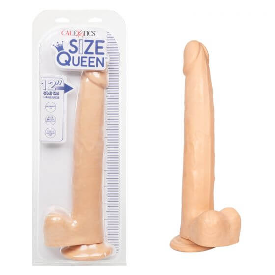 Size Queen 12-Inch Ivory Light Skin Dildo in packaging and standalone, realistic design from California Exotic Novelties.
