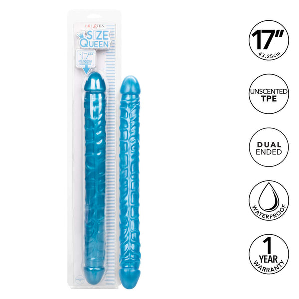 Size Queen 17 inches Blue Extra Long Double Ended Dildo in packaging - 17" dual-ended, textured surface, waterproof, unscented TPE.