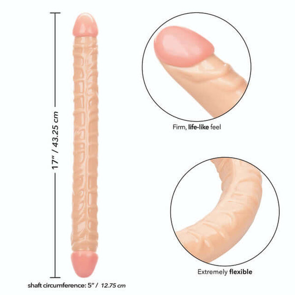 Size Queen 17 inches ivory light skin tone double ended dildo flexible with firm lifelike feel, 5 inches shaft circumference, detailed texture