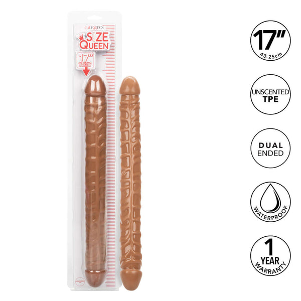Size Queen 17 inches brown extra long dildo, dual-ended and waterproof, made from unscented TPE, for thrilling double penetrating pleasure.