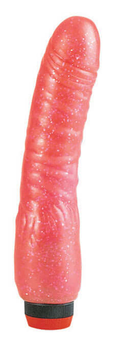 Hot pink curved penis vibrator with glitter, 8.25 inches long, designed for powerful pleasure with soft, realistic jelly texture.