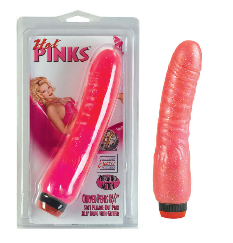Hot Pink Curved Penis Vibrator - 8.25 Inch Vibrating Jelly Dong in Packaging and Out