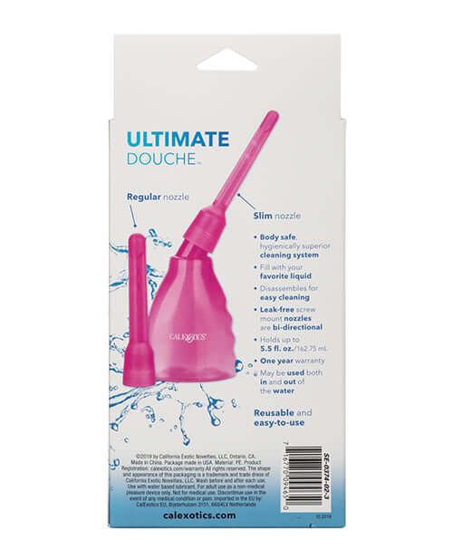 Ultimate Douche Purple packaging display with two detachable nozzles by California Exotic Novelties.