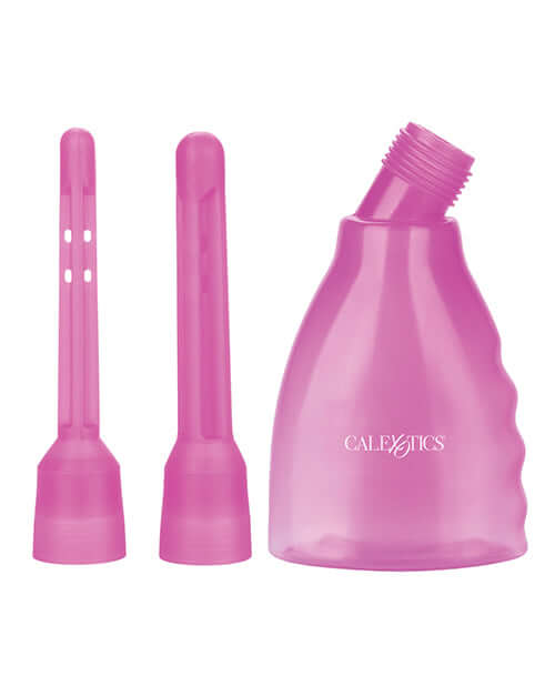 Purple intimate cleansing system with two detachable nozzles from California Exotic Novelties.
