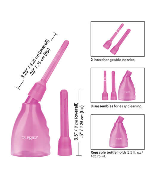 Purple intimate cleansing system with soft bottle and two detachable nozzles from California Exotic Novelties.