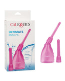 Purple Ultimate Douche set with two interchangeable nozzles by California Exotic Novelties, shown next to packaging.