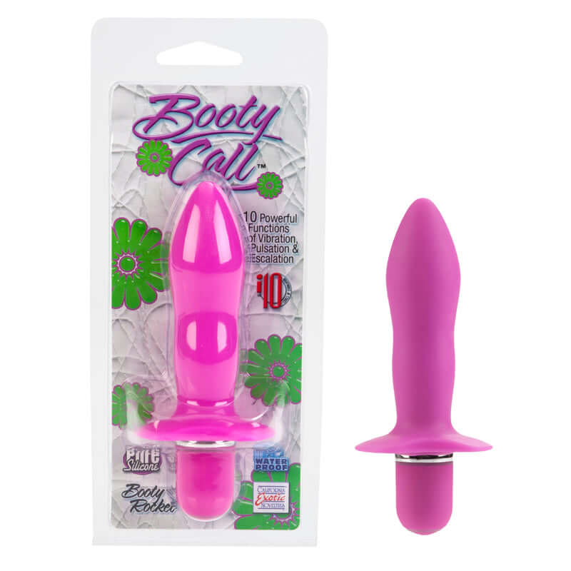 Pink Booty Call Booty Rocket anal probe with packaging, features 10 vibration functions, ribbed silicone design for personalized pleasure.