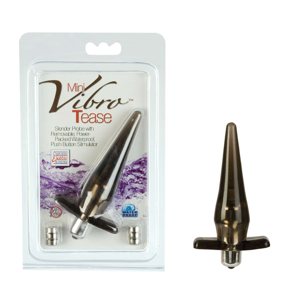 Mini Vibro Tease Probe in packaging, featuring a slender design and removable waterproof stimulator for enhanced pleasure.
