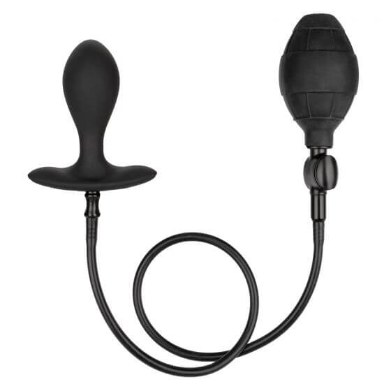 Weighted silicone inflatable butt plug with detachable hose and squeeze bulb for customizable anal pleasure experience.