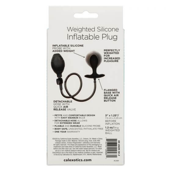 Packaging of the Weighted Silicone Inflatable Butt Plug with features description and product image