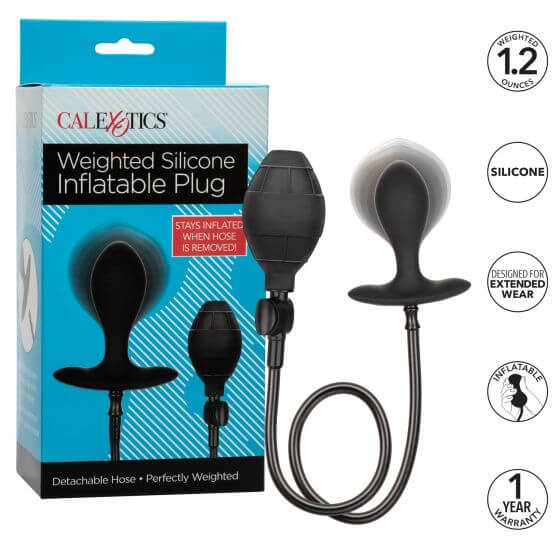 Weighted silicone inflatable butt plug with easy squeeze bulb, detachable hose, and ball for enhanced anal pleasure.