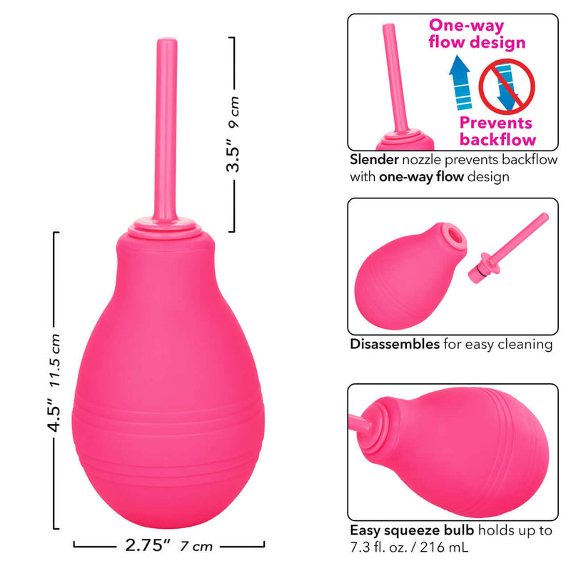 Cheeky One Way Flow Douche in Pink with slender nozzle, disassemblable for easy cleaning, and one-way flow design.