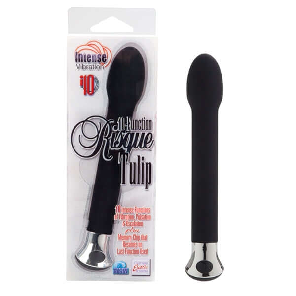 10-Function Risque Tulip Vibrator in black, showcasing sleek design and packaging with intense vibration features.