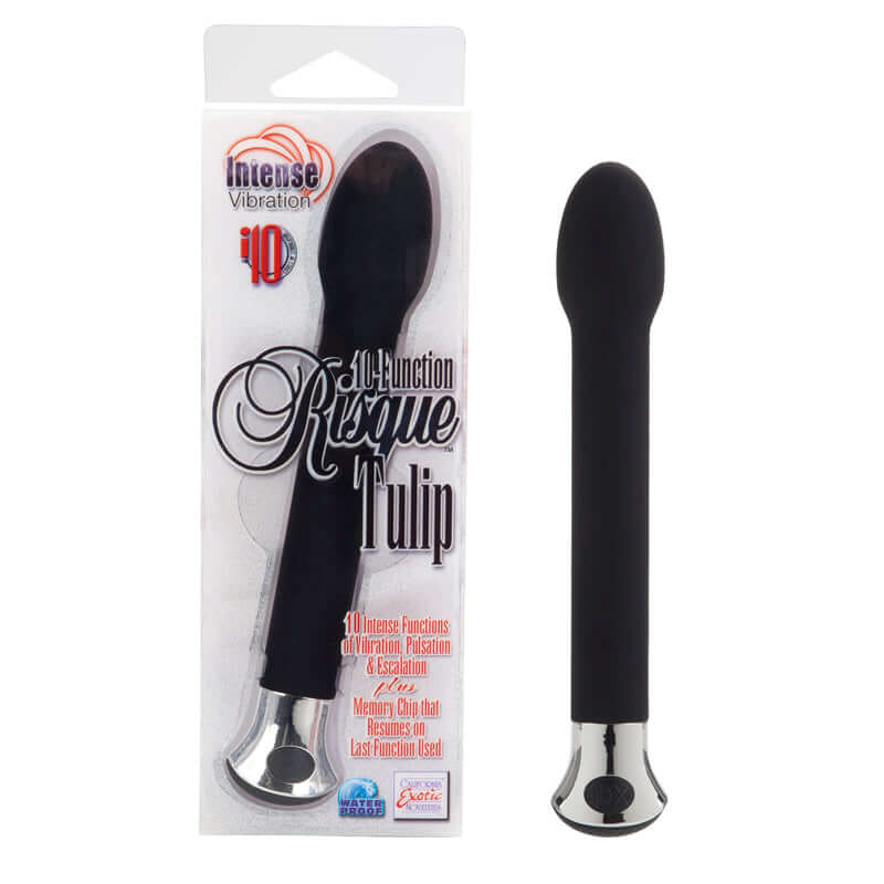 10-Function Risque Tulip Vibrator in black with sleek design and packaging, highlighting intense vibration features.