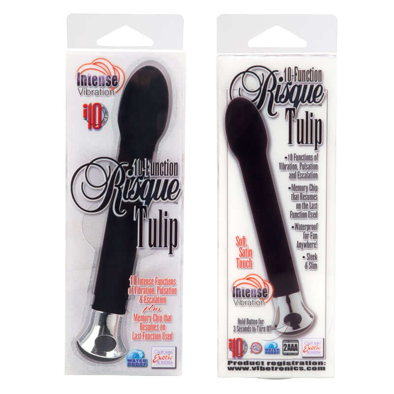 10-Function Risque Tulip Vibrator in black packaging showcasing features of vibration and discreet design.