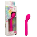 California Exotic Novelties Bliss Liquid Silicone Mini Tulip G-Spot Vibrator in pink beside its packaging.
