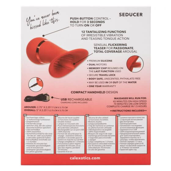 French Kiss Seducer Massager packaging with product features and specifications by California Exotic Novelties