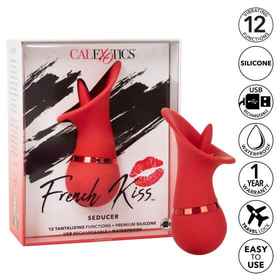 French Kiss Seducer Massager in packaging - compact, rechargeable vibrator with 12 functions, premium silicone, USB rechargeable, waterproof.