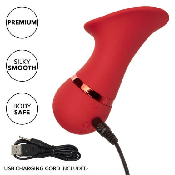 Compact French Kiss Seducer Massager with USB charging cord, highlighting premium, silky smooth, and body-safe features.