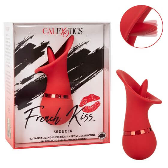 French Kiss Seducer Massager in red, USB rechargeable, waterproof, with packaging by California Exotic Novelties.