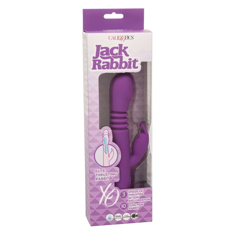 Jack Rabbit Elite Thrusting Rabbit Vibrator in packaging with 10 vibration functions and 3 thrusting speeds.