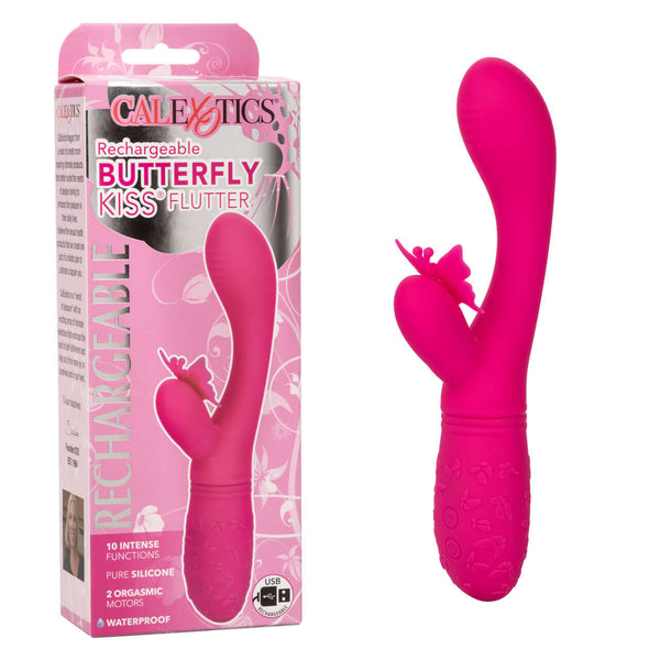 Butterfly Kiss Flutter Pink Rabbit Vibrator with packaging, by California Exotic Novelties, featuring 10 vibration functions and dual motors.