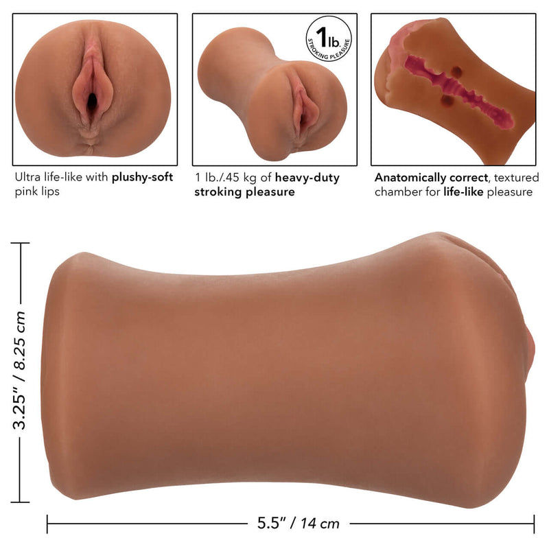Brown male masturbator with plush pink lips and anatomically correct chamber for lifelike sensations, 1 lb PureSkin material.
