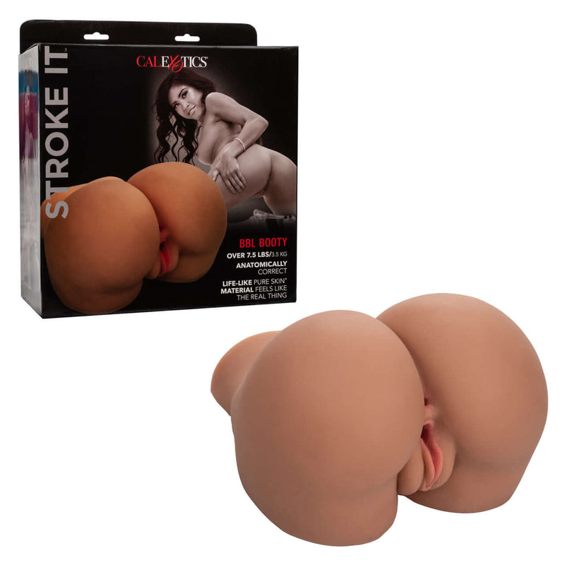 Stroke It BBL Booty Brown pleasure stroker by California Exotic Novelties in packaging, showcasing realistic design and lifelike features.