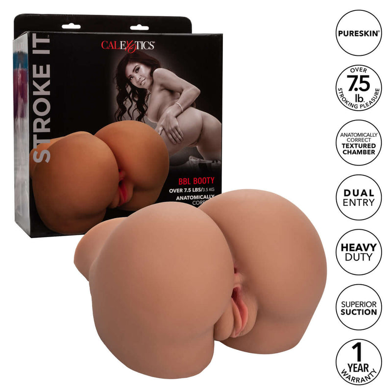 Stroke It BBL Booty Brown by California Exotic Novelties, lifelike heavy-duty stroker with dual chambers and plush pink lips for self-pleasure
