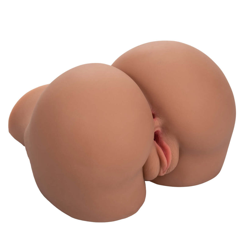 Stroke It BBL Booty Brown ultra-realistic stroker with dual chambers, round shape, and plush pink lips by California Exotic Novelties.