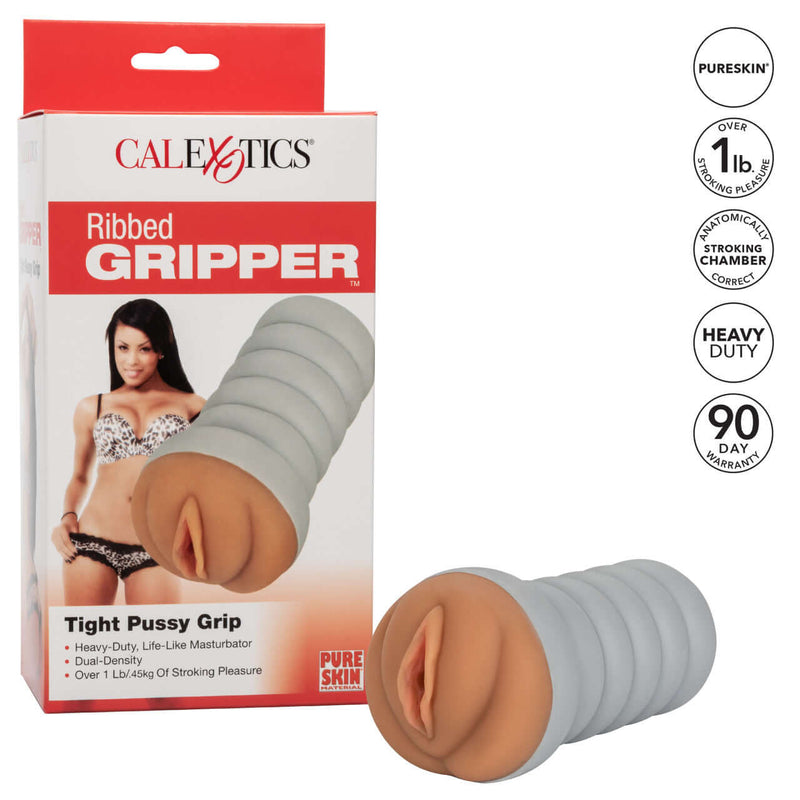 California Exotic Novelties Ribbed Gripper Dark Brown Stroker packaging and product displaying tight pussy grip details.